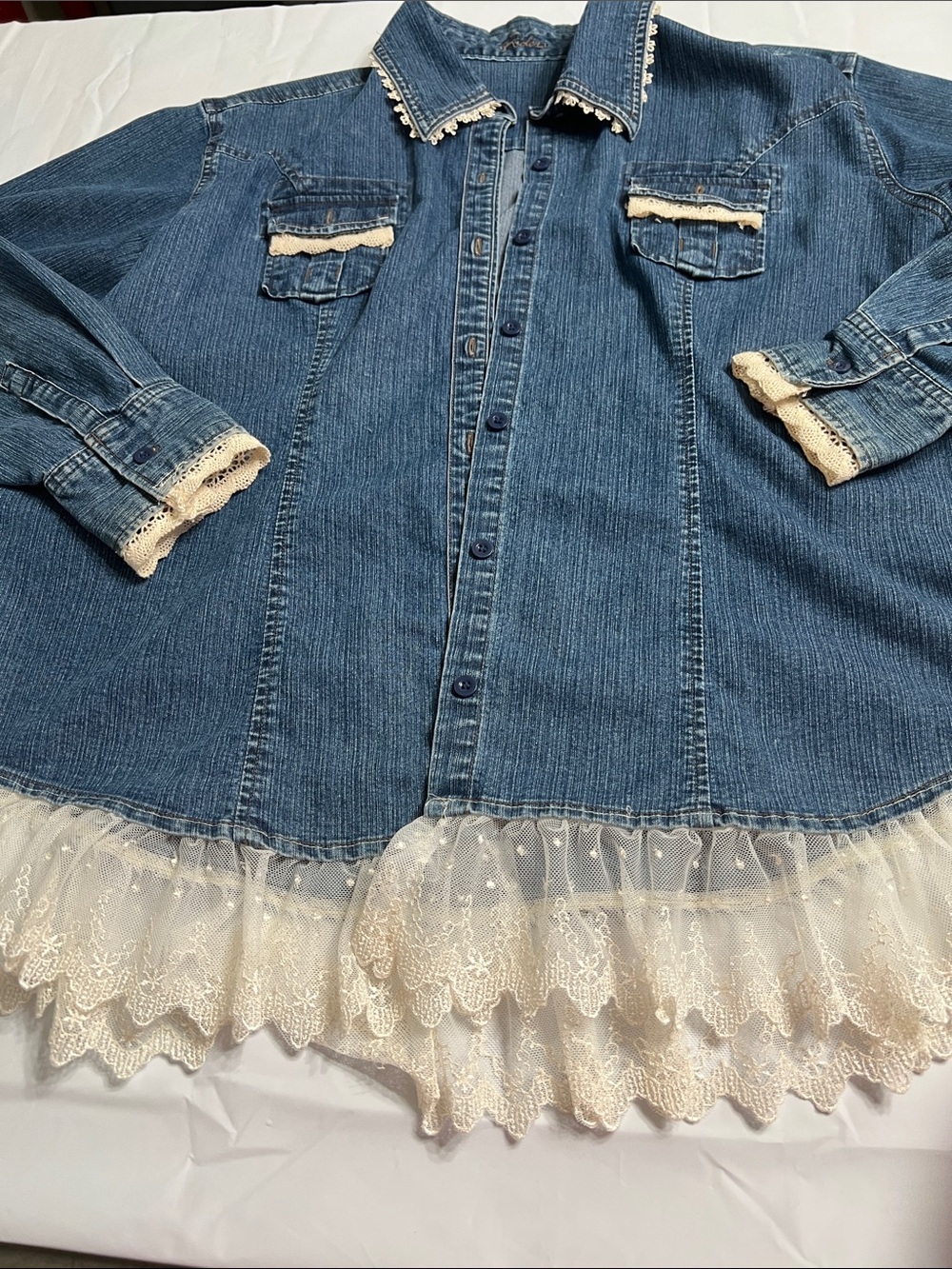 Riders by Lee Blue Denim Button-Front Jacket with Cream Lace Trim